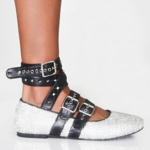 Dolls Kill Sugar Thrillz Silver Rhinestones Studded Bling Ballet Flats Shoes 7